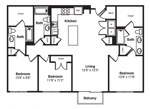 Floor plan for 3 beds, 3 baths, 1492 sqft